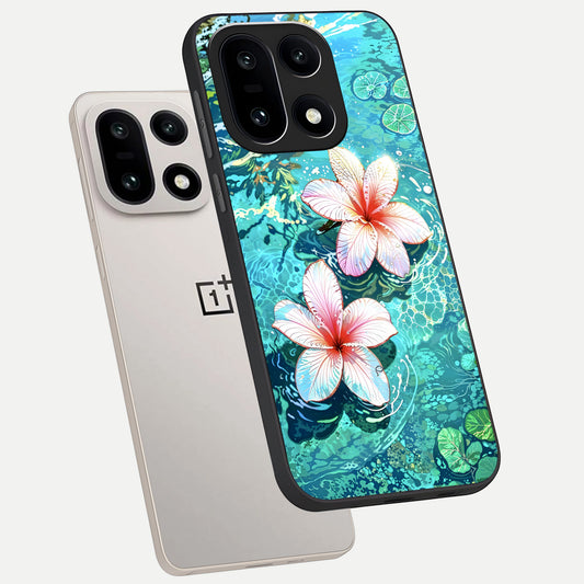  Pink Flowers in Water phone case For Oneplus 15 showing premium glass back cover with detailed artwork