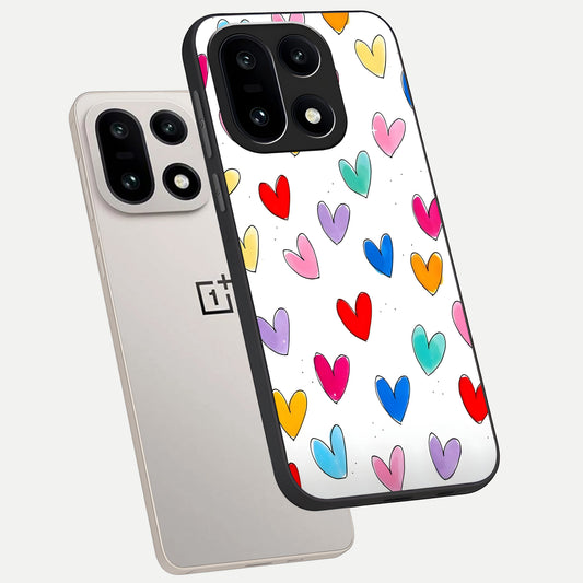  Playful Love Doodles phone case For Oneplus 15 showing premium glass back cover with detailed artwork