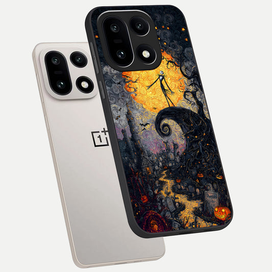  Pumpkin Moon Night phone case For Oneplus 15 showing premium glass back cover with detailed artwork