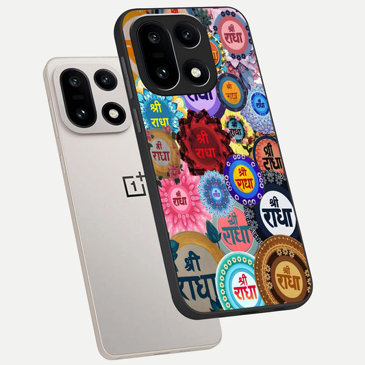  Radha Divine Bloom phone case For Oneplus 15 showing premium glass back cover with detailed artwork