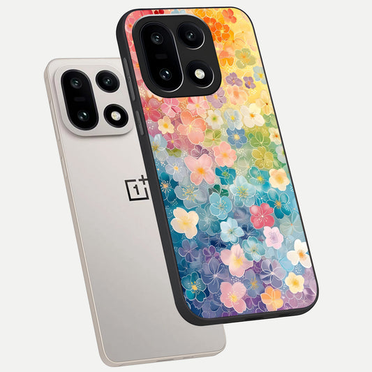  Rainbow Blossom Burst phone case For Oneplus 15 showing premium glass back cover with detailed artwork