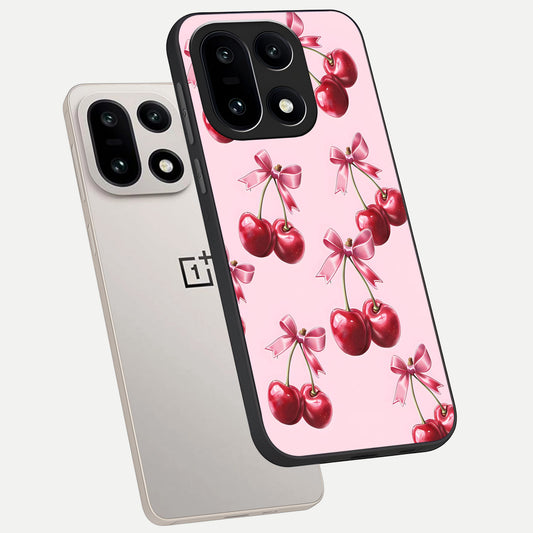  Red Cherries Pattern phone case For Oneplus 15 showing premium glass back cover with detailed artwork