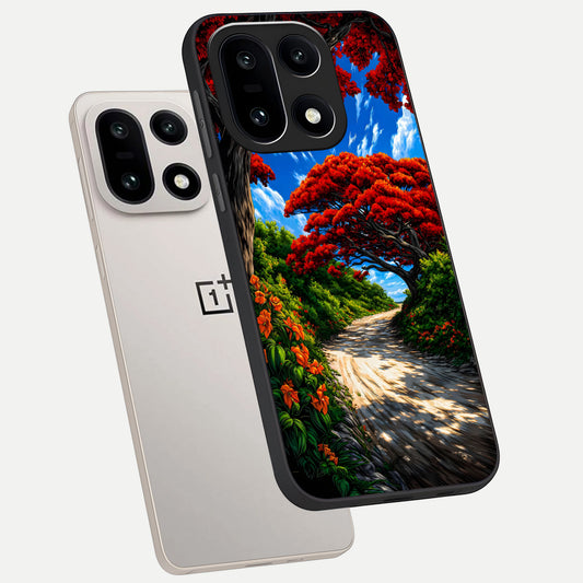 Red Trees Pathway phone case For Oneplus 15 showing premium glass back cover with detailed artwork