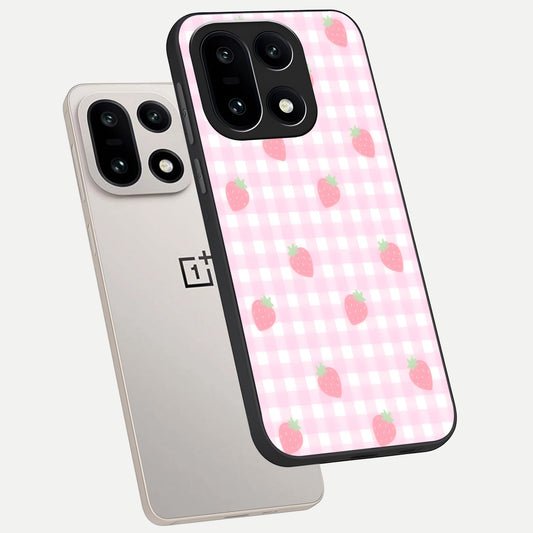  Strawberry Picnic Love phone case For Oneplus 15 showing premium glass back cover with detailed artwork