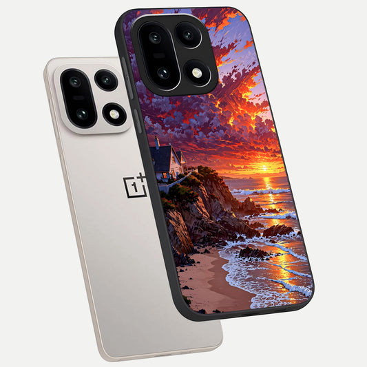  Sunset House By Sea phone case For Oneplus 15 showing premium glass back cover with detailed artwork