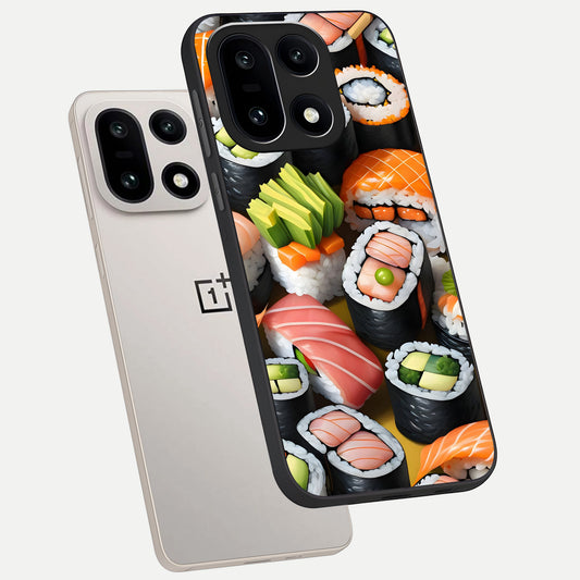  Sushi Food Pattern phone case For Oneplus 15 showing premium glass back cover with detailed artwork
