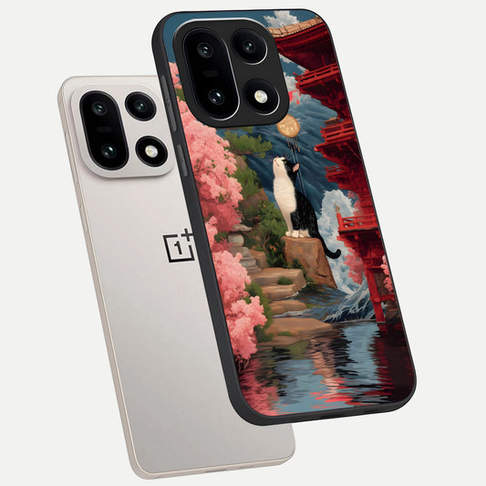  Temple Cat Scenery phone case For Oneplus 15 showing premium glass back cover with detailed artwork