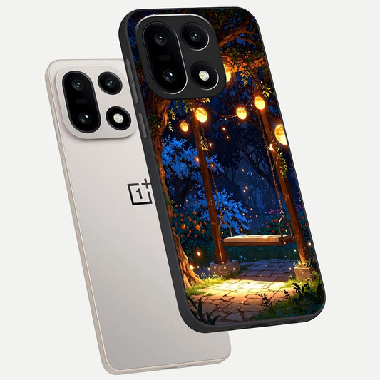  Twilight Garden Swing phone case For Oneplus 15 showing premium glass back cover with detailed artwork