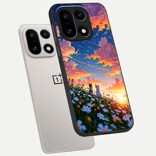  Two Cats Friends phone case For Oneplus 15 showing premium glass back cover with detailed artwork