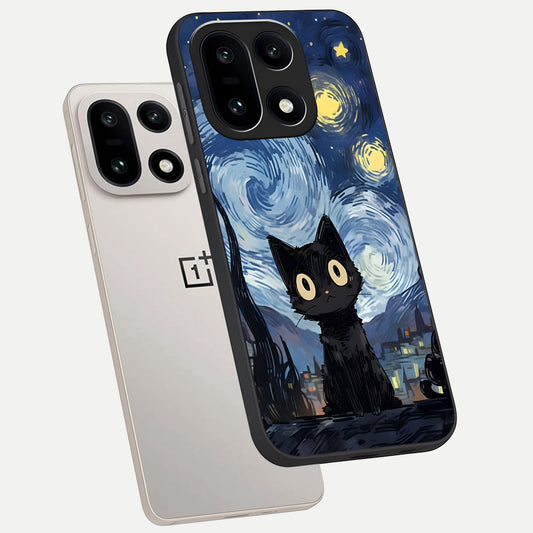  Van Gogh Cat phone case For Oneplus 15 showing premium glass back cover with detailed artwork