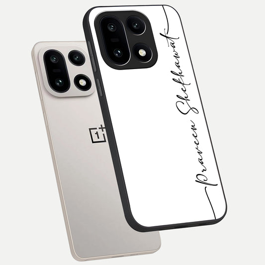  White Tune Custom Name phone case For Oneplus 15 showing premium custom name glass back cover