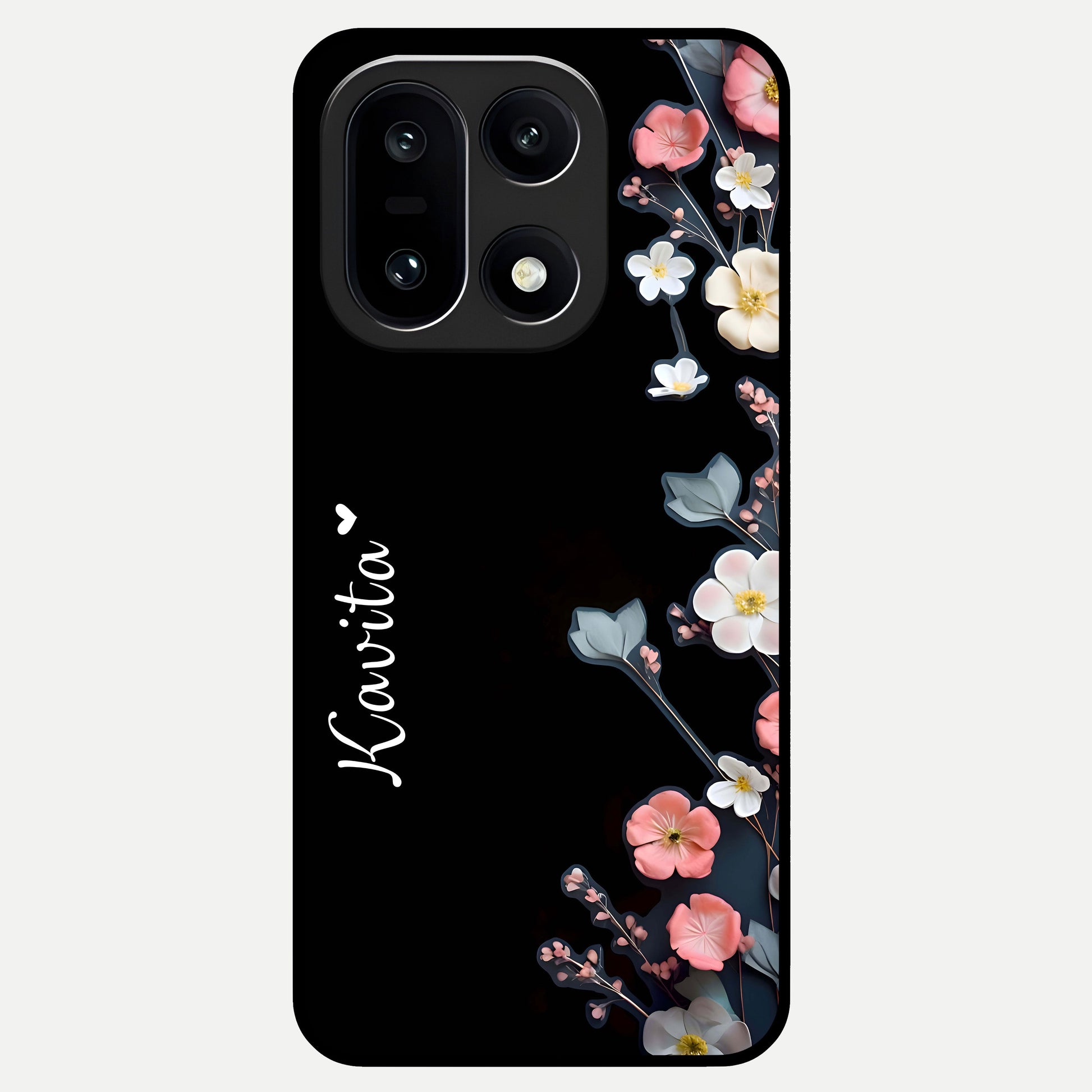  Black Elegance Floral Custom Name Glass Case For Oneplus 15 back cover – full design glossy printed glass finish