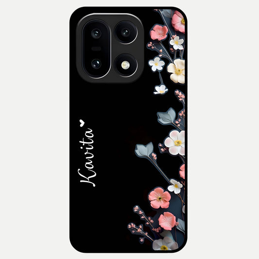 Black Elegance Floral Custom Name Glass Case For Oneplus 15 back cover – full design glossy printed glass finish