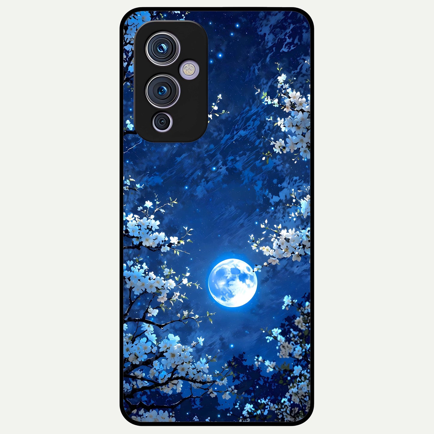 Blossom Moonlight Sky Glass Case captured at a warm angle highlighting night tones, gloss, and edge clarity.