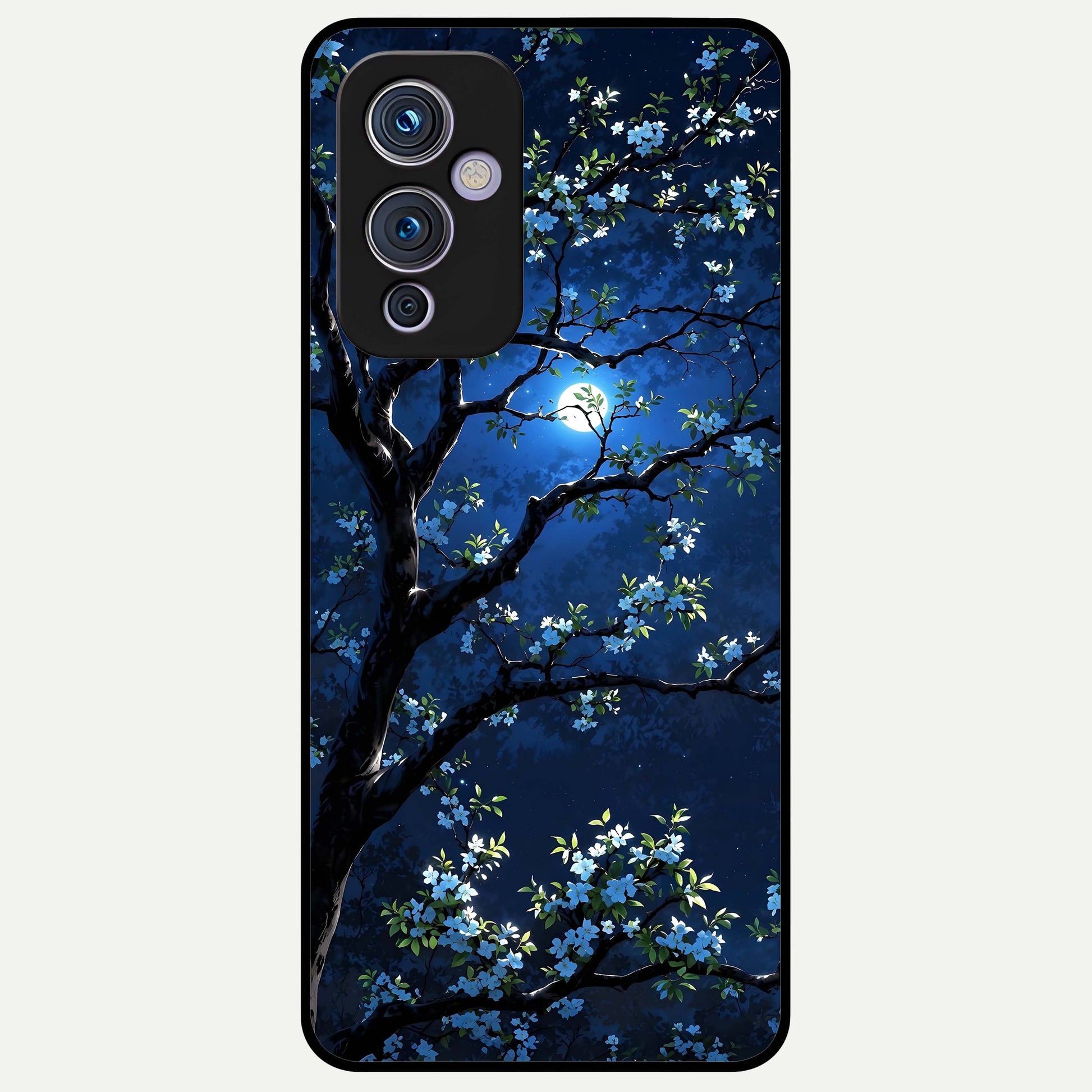 Mystic Floral Night Glass Case captured at a warm angle highlighting moody floral tones, gloss, and edge clarity.