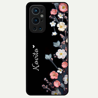  Black Elegance Floral Custom Name Glass Case For OnePlus 9 Pro back cover – full design glossy printed glass finish