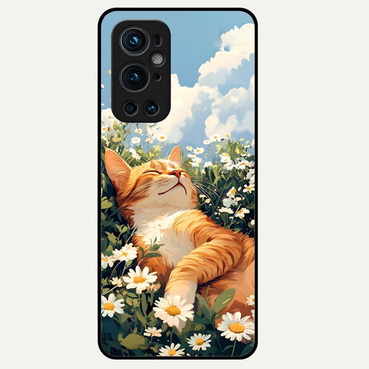  Cat And Flowers View Glass Case For OnePlus 9 Pro back cover – full design glossy printed glass finish