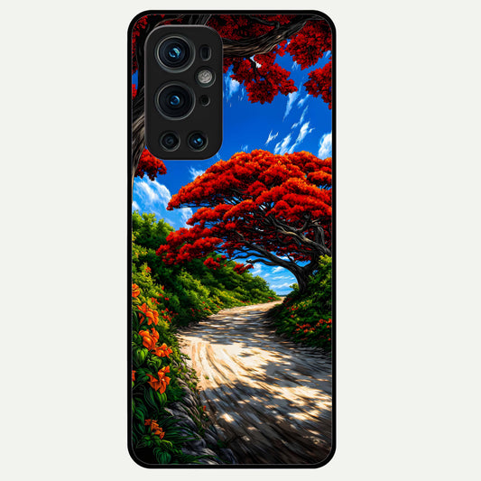  Red Trees Pathway Glass Case For OnePlus 9 Pro back cover – full design glossy printed glass finish