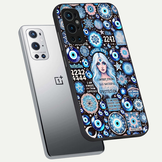  Angel Aura Shield phone case For OnePlus 9 Pro showing premium glass back cover with detailed artwork