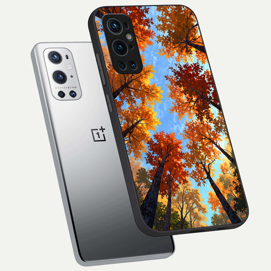  Autumn Sky Rise phone case For OnePlus 9 Pro showing premium glass back cover with detailed artwork