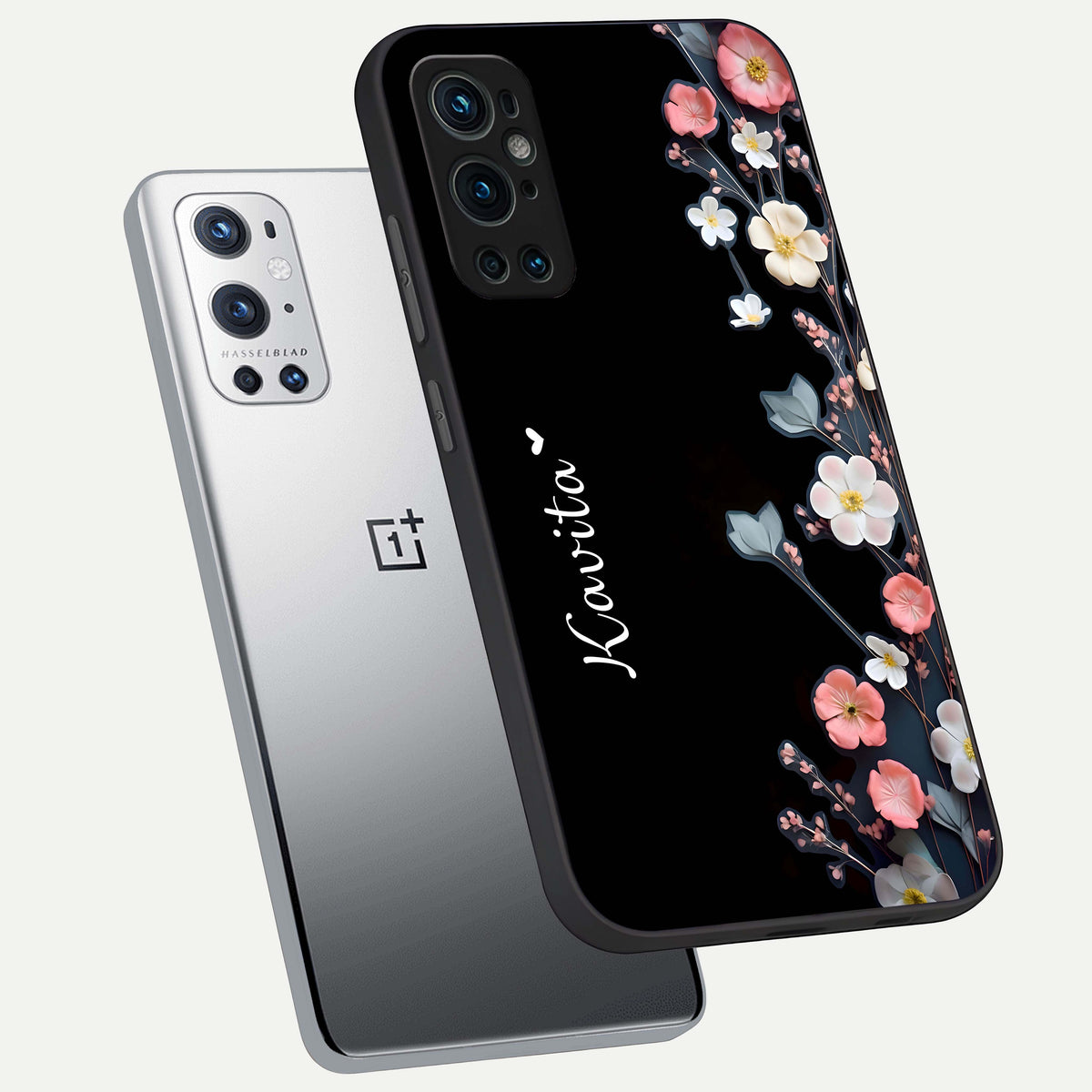  Black Elegance Floral Custom Name phone case For OnePlus 9 Pro showing premium glass back cover with detailed artwork