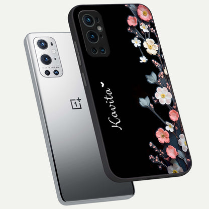  Black Elegance Floral Custom Name phone case For OnePlus 9 Pro showing premium glass back cover with detailed artwork
