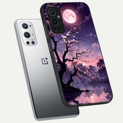  Blossom Pink Moon phone case For OnePlus 9 Pro showing premium glass back cover with detailed artwork