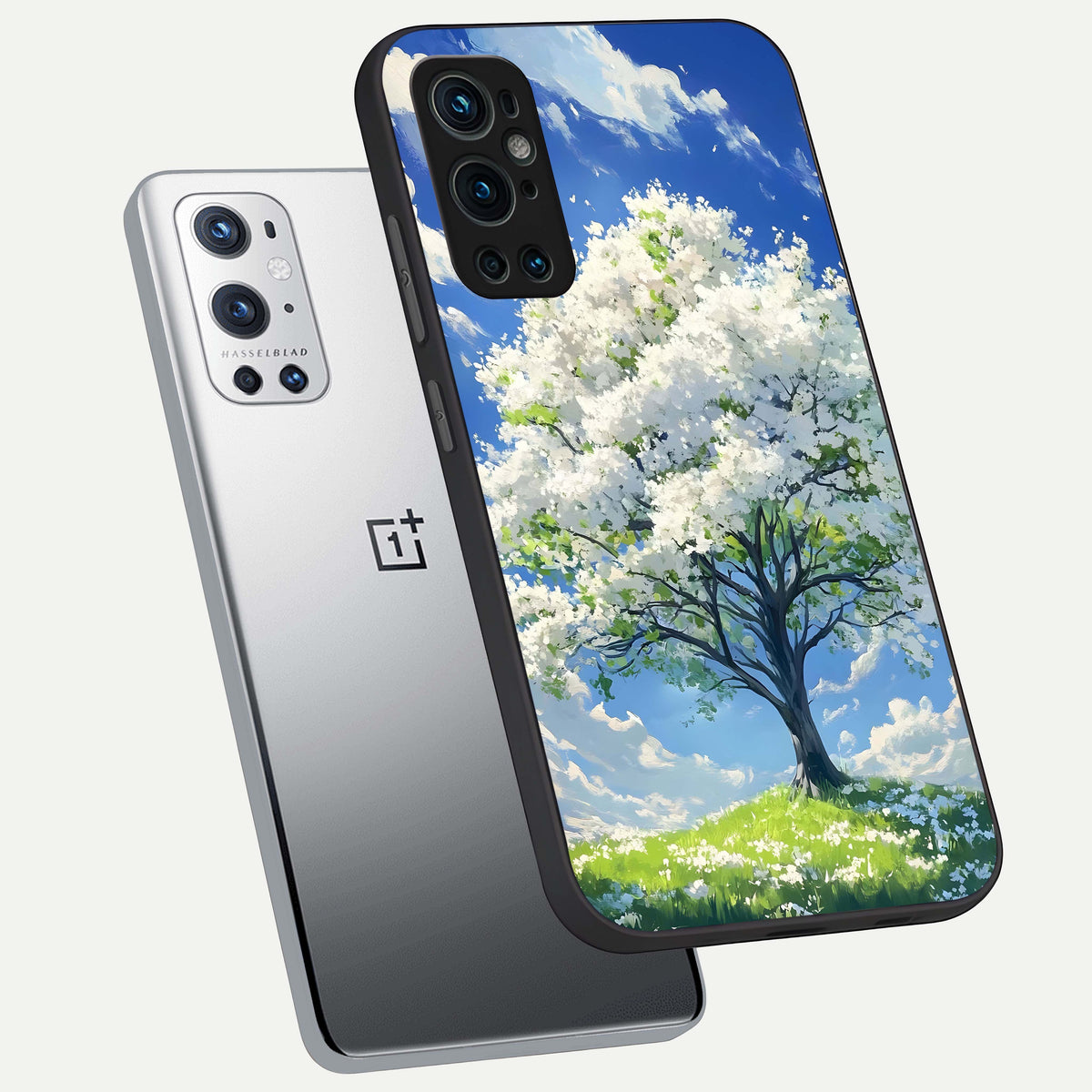  Blossom Sky Serenity phone case For OnePlus 9 Pro showing premium glass back cover with detailed artwork
