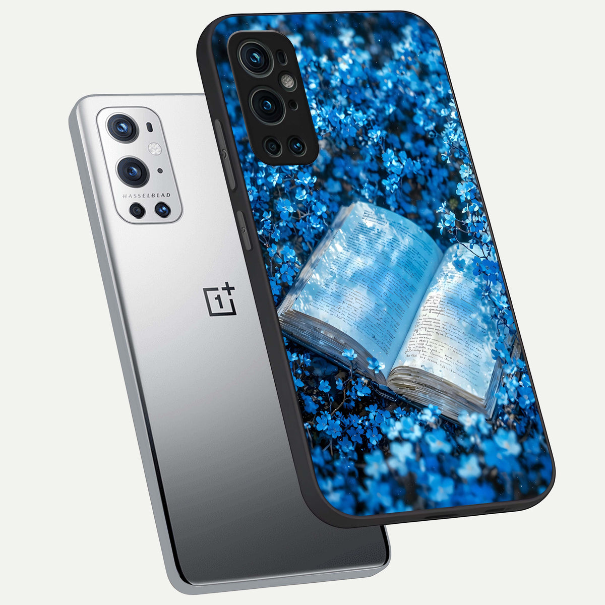  Blue Bloom Tales phone case For OnePlus 9 Pro showing premium glass back cover with detailed artwork