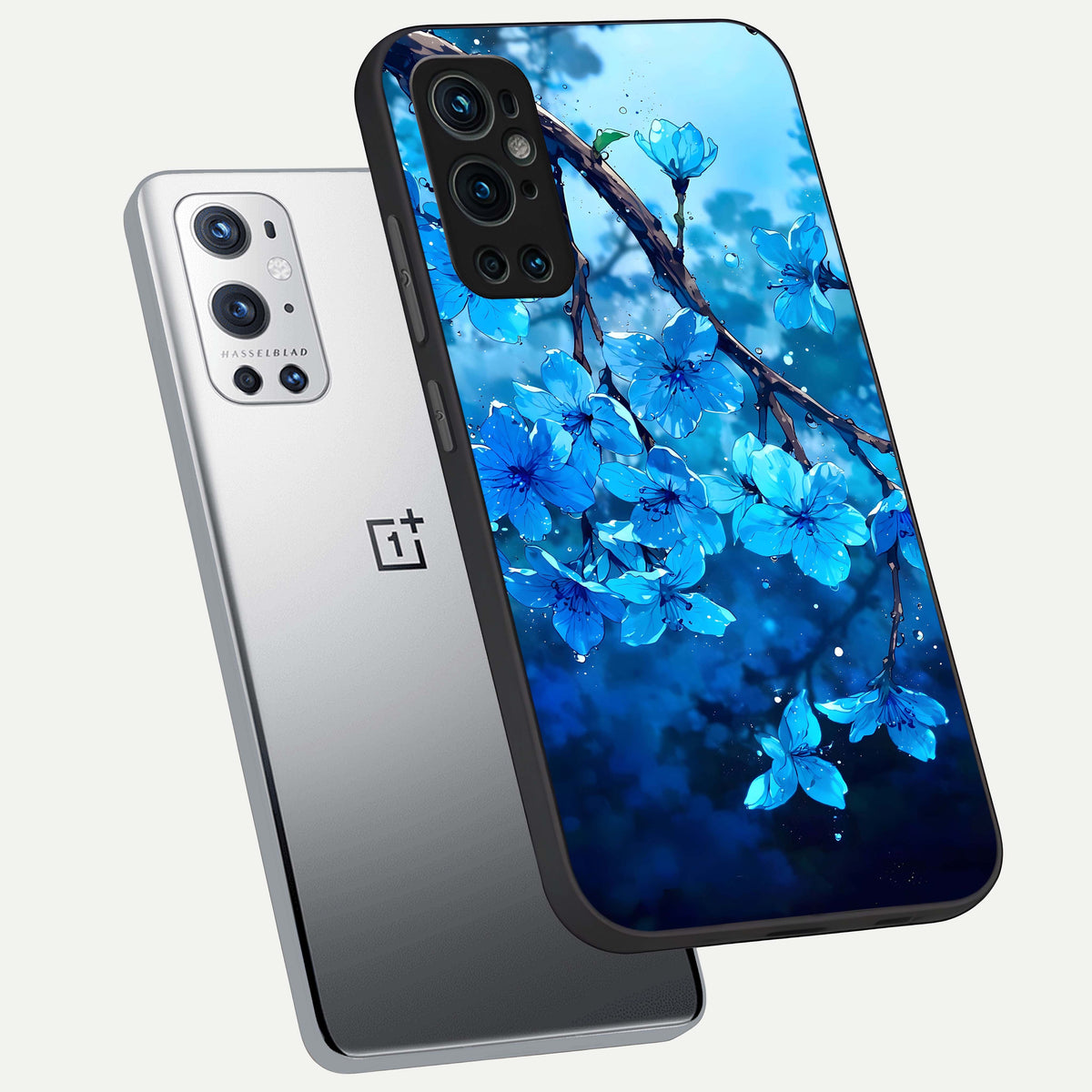  Blue Blossoms Branch phone case For OnePlus 9 Pro showing premium glass back cover with detailed artwork