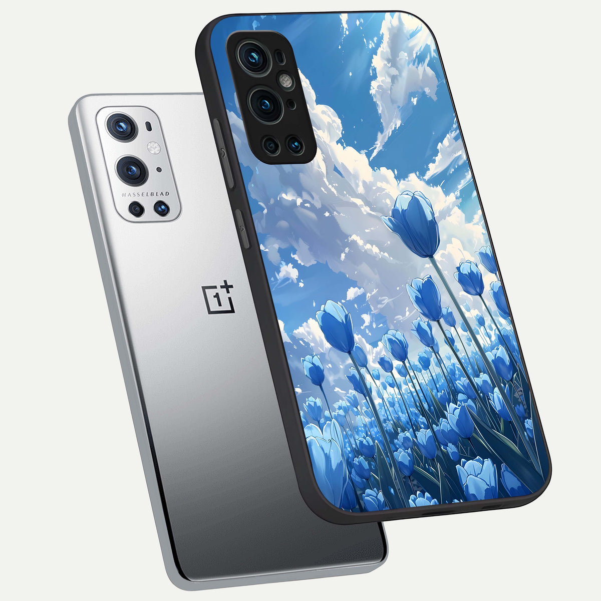  Blue Tulip Clouds phone case For OnePlus 9 Pro showing premium glass back cover with detailed artwork