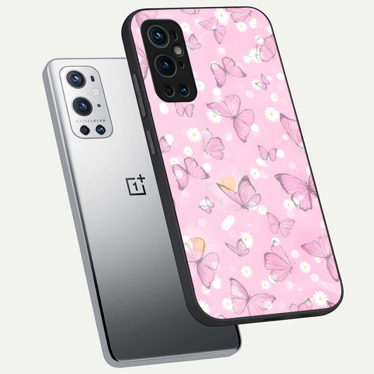  Blush Butterfly Garden phone case For OnePlus 9 Pro showing premium glass back cover with detailed artwork