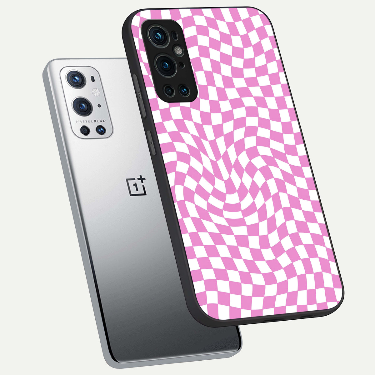  Bubblegum Check Wave phone case For OnePlus 9 Pro showing premium glass back cover with detailed artwork