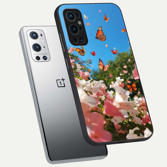  Butterflies In Bloom Sky phone case For OnePlus 9 Pro showing premium glass back cover with detailed artwork