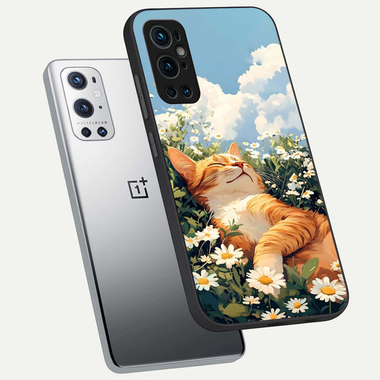  Cat And Flowers View phone case For OnePlus 9 Pro showing premium glass back cover with detailed artwork