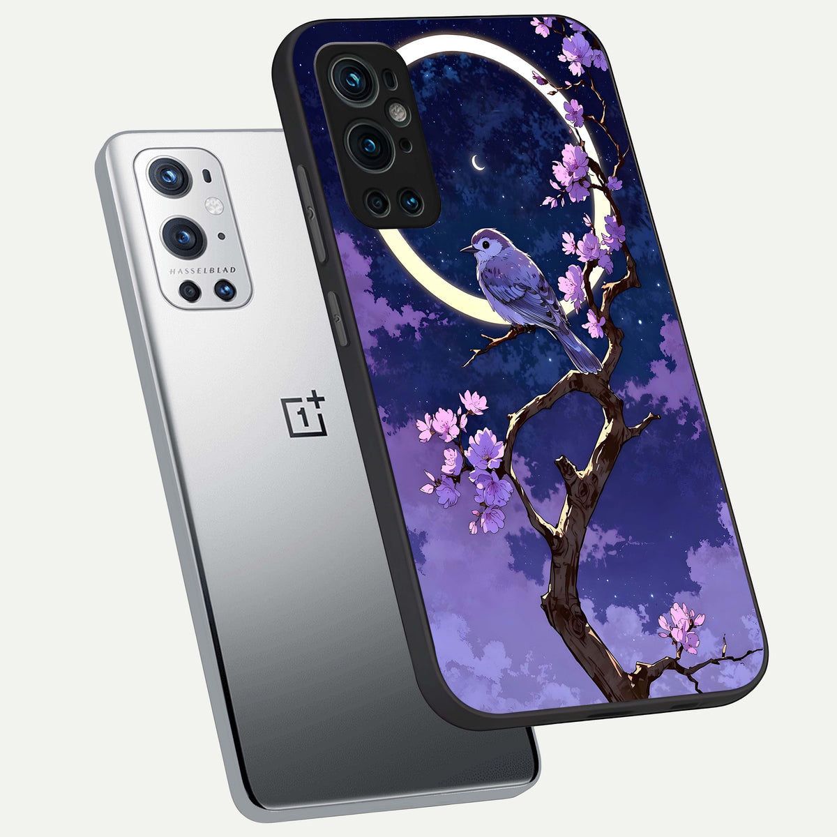  Celestial Bird Blossom phone case For OnePlus 9 Pro showing premium glass back cover with detailed artwork
