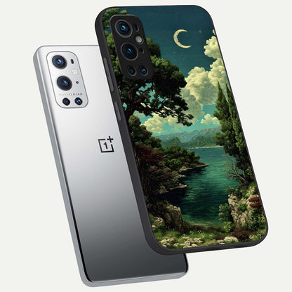  Celestial Lake Peace phone case For OnePlus 9 Pro showing premium glass back cover with detailed artwork