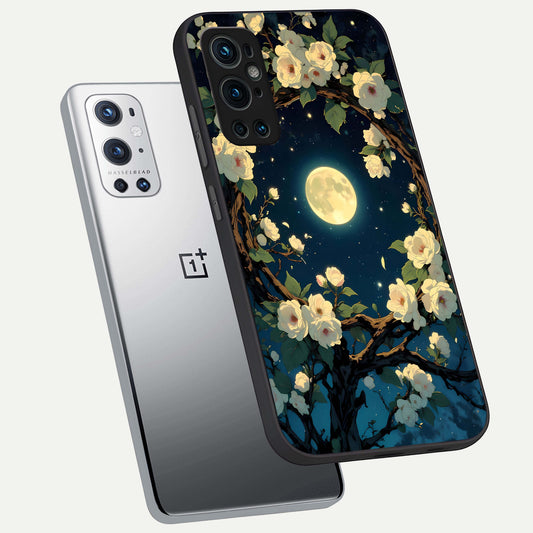  Celestial Moon And Flower phone case For OnePlus 9 Pro showing premium glass back cover with detailed artwork