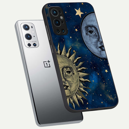  Celestial Moon With Sun phone case For OnePlus 9 Pro showing premium glass back cover with detailed artwork