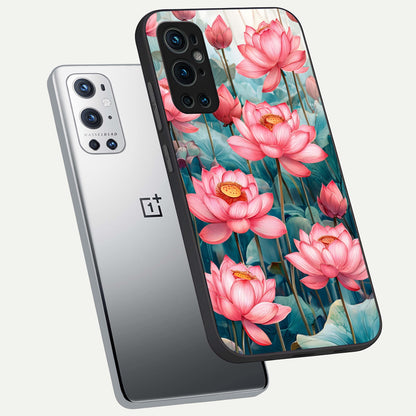  Celestial Pink Lotus phone case For OnePlus 9 Pro showing premium glass back cover with detailed artwork