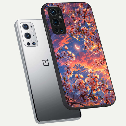  Celestial Sakura Sunset phone case For OnePlus 9 Pro showing premium glass back cover with detailed artwork