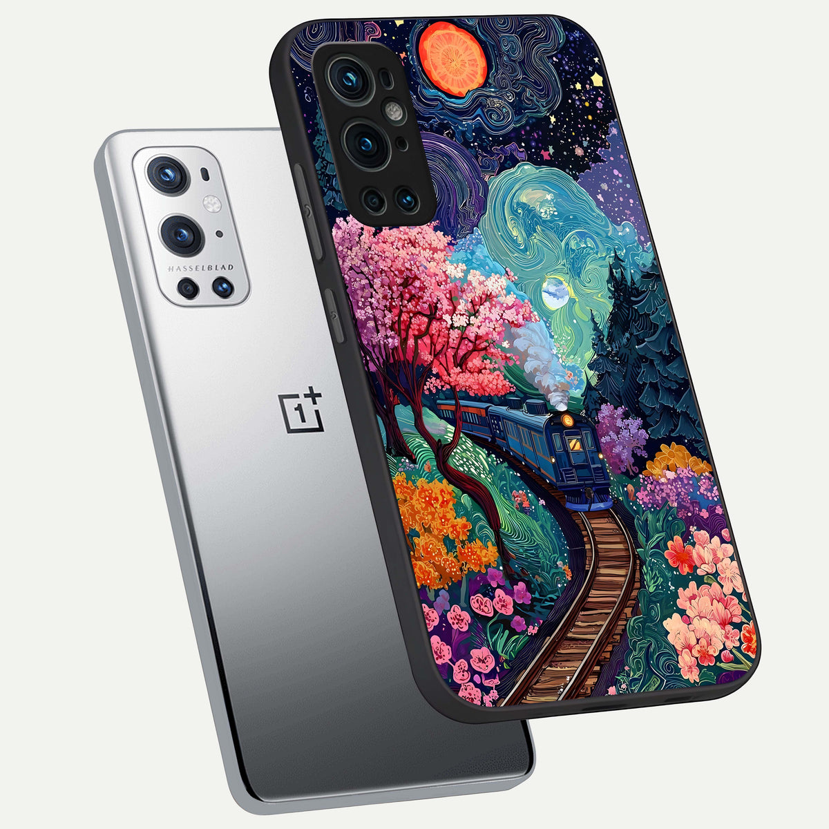 Celestial Train Journey phone case For OnePlus 9 Pro showing premium glass back cover with detailed artwork