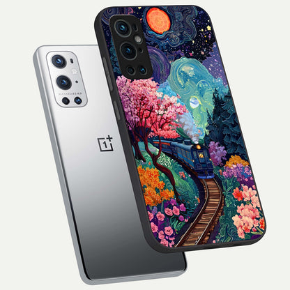  Celestial Train Journey phone case For OnePlus 9 Pro showing premium glass back cover with detailed artwork