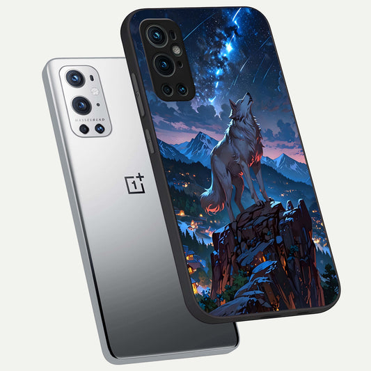  Celestial Wolf Howl phone case For OnePlus 9 Pro showing premium glass back cover with detailed artwork