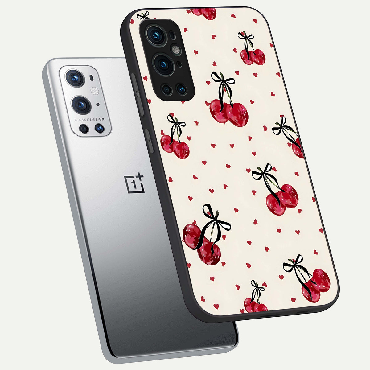  Cherry Heart Bow phone case For OnePlus 9 Pro showing premium glass back cover with detailed artwork