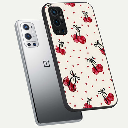  Cherry Heart Bow phone case For OnePlus 9 Pro showing premium glass back cover with detailed artwork