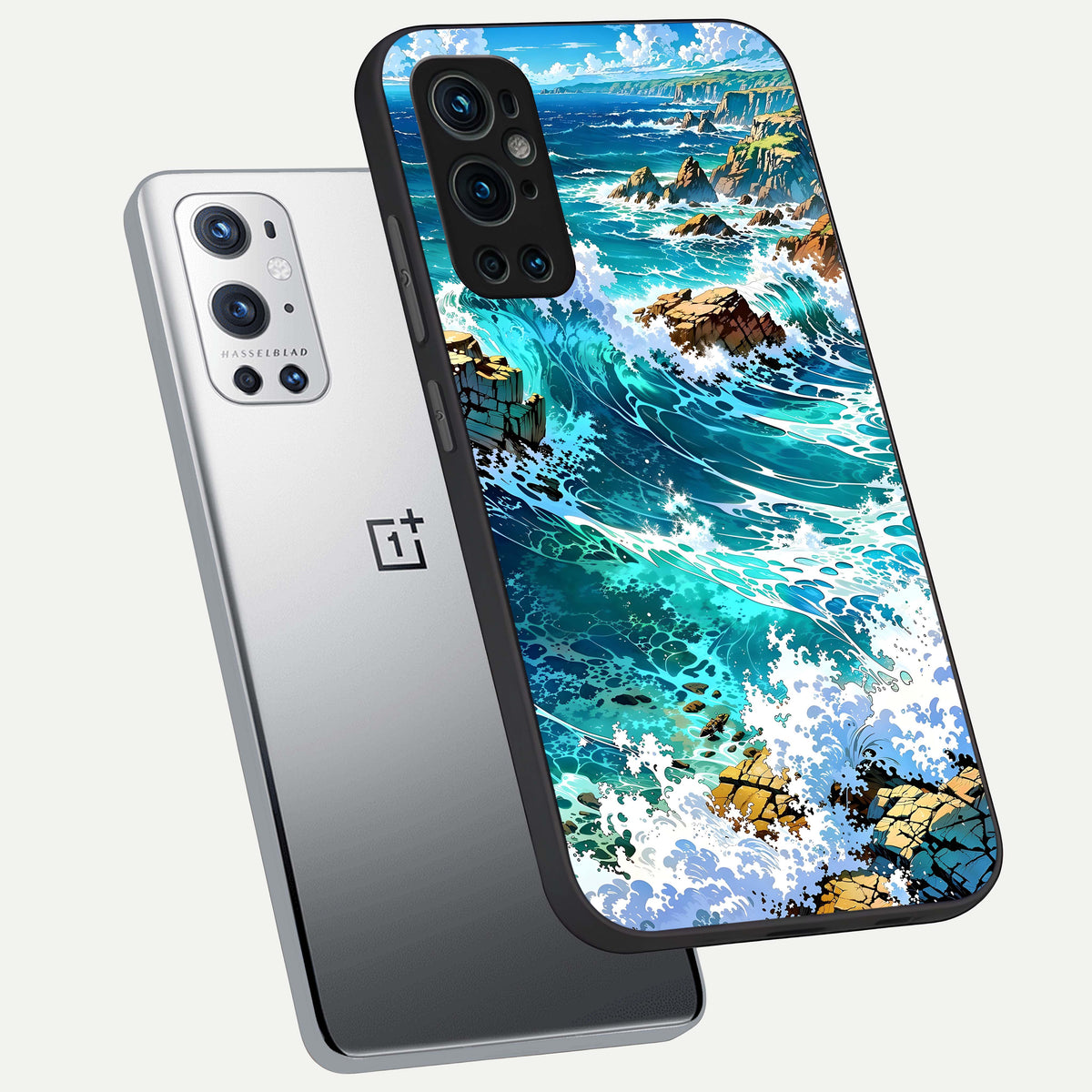  Coastal Blue Waves phone case For OnePlus 9 Pro showing premium glass back cover with detailed artwork