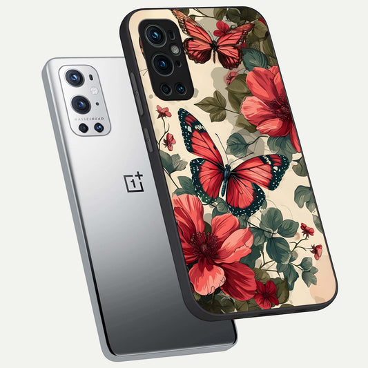  Crimson Butterfly Garden phone case For OnePlus 9 Pro showing premium glass back cover with detailed artwork