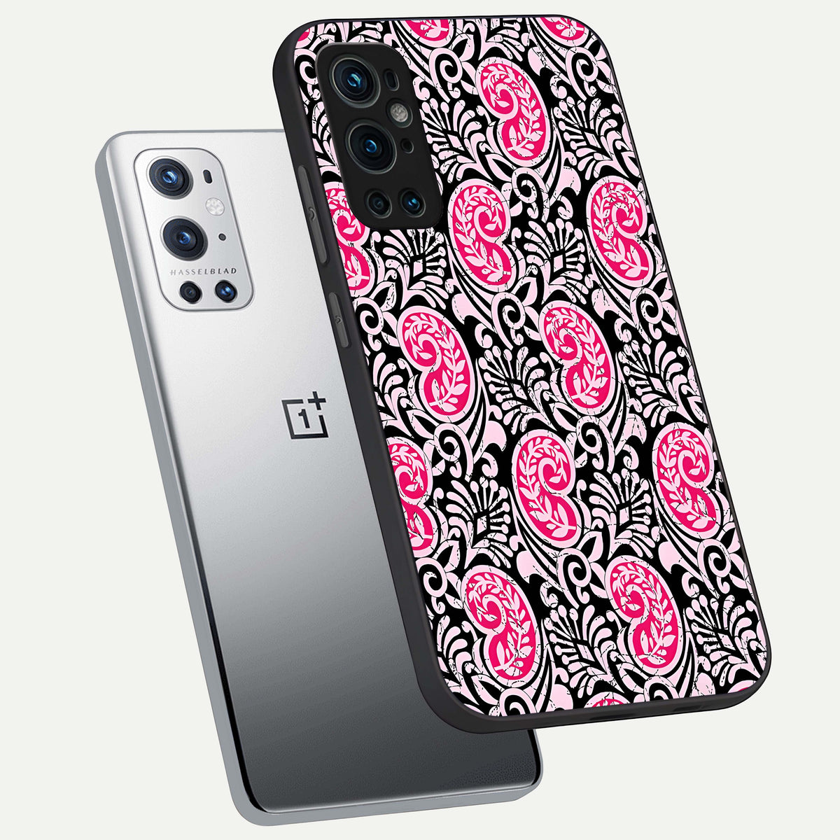  Crimson Paisley Charm phone case For OnePlus 9 Pro showing premium glass back cover with detailed artwork
