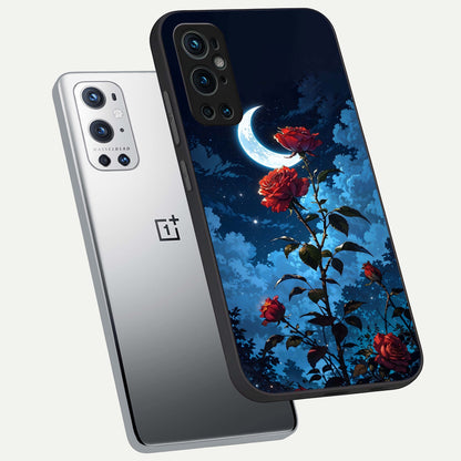  Crimson Rose Moon phone case For OnePlus 9 Pro showing premium glass back cover with detailed artwork